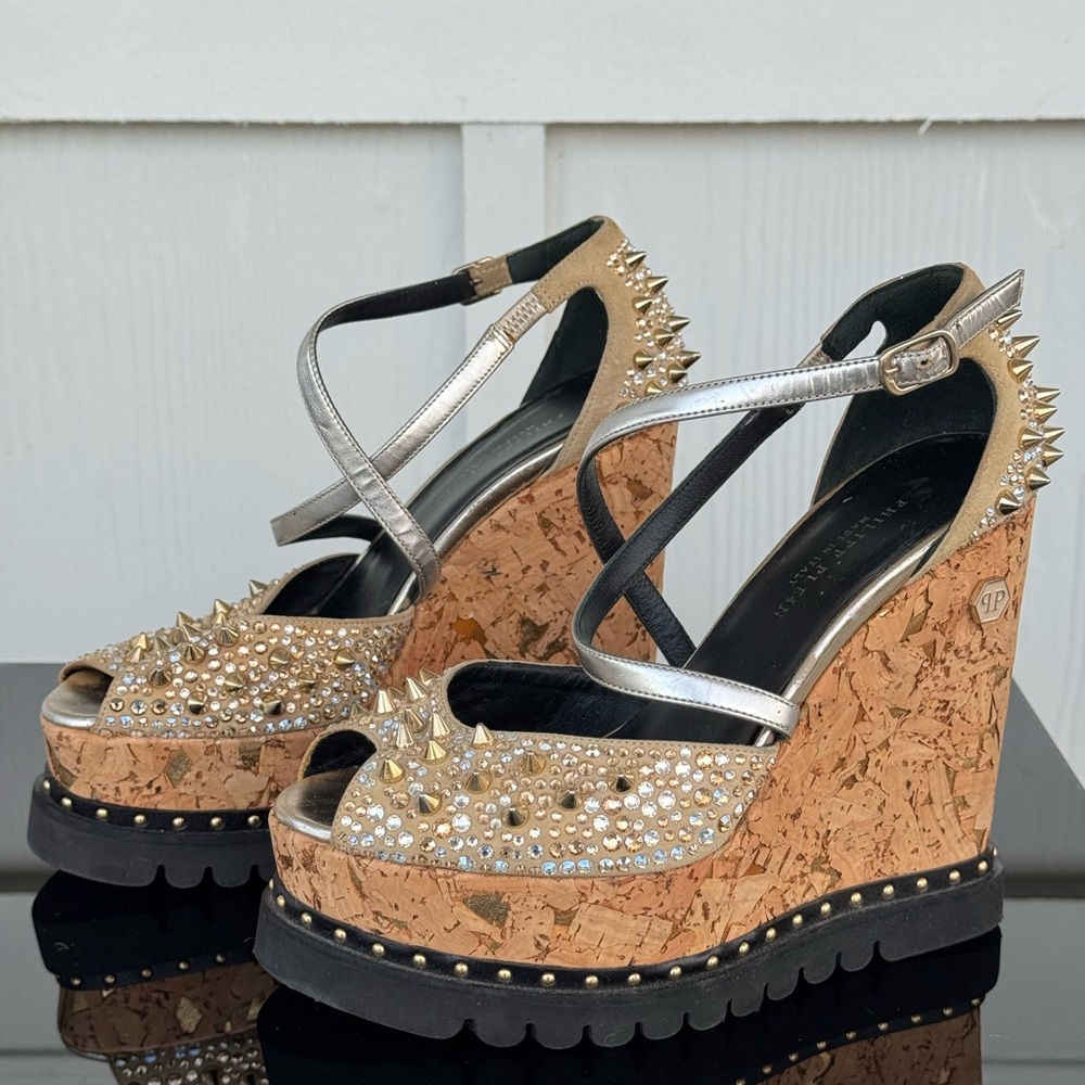 Philipp Plein Silver and Tan Studded Wedges